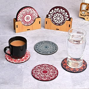 gift kya de coaster set of 12 mandala art wooden coasters with proper coaster stand coaster set fit for tea cups coffee mugs and glasses 35 x 35 inch colorful ecofriendly