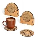 Gift Kya De Coaster Set of 12 Mandala Art Wooden Coasters with Proper Coaster Stand Coaster Set fit for Tea Cups, Coffee Mugs and Glasses (3.5 X 3.5 Inch) (Bamboo Ecofriendly)