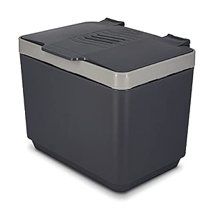glad compost bin for kitchen 15 gallon  plastic container with removable inner basket and bag storage holder  includes 2 carbon filters to block odor gray