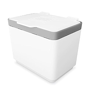 glad compost bin for kitchen 15 gallon  plastic container with removable inner basket and bag storage holder  includes 2 carbon filters to block odor white