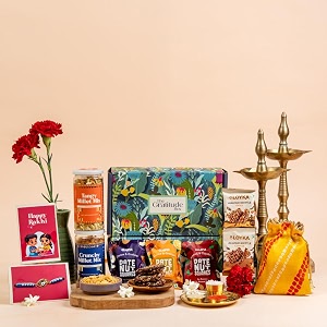 gladful 11-in-1 bloom amp bliss rakhi gift box  millet snacks date nut squares loyka brittle rakhi set festive potli roli chawal amp card