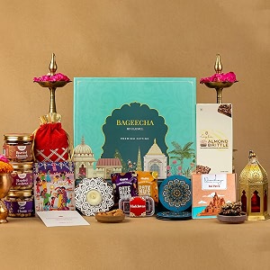 gladful 11 products bageecha diwali premium healthy gift hamper roasted nuts snacks dates nut sqaures 4 coasters set loyka brittle chocolate mukhwaas wooden candle diwali gift card