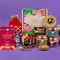 Gladful 12 Products Pink Floral Rakhi Premium Healthy Delights Gift Hamper Roasted Snacks Jars, Dates Nut Sqaures, Rocca Chocolate Brittle, Rakhi