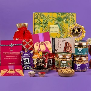 gladful 12 products yellow rakhi premium healthy delights gift hamper roasted snacks jars dates nut sqaures rocca chocolate brittle rakhi roli chawal tika chopda plate brother rakhi card