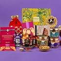 Gladful 12 Products Yellow Rakhi Premium Healthy Delights Gift Hamper Roasted Snacks Jars, Dates Nut Sqaures, Rocca Chocolate Brittle, Rakhi Roli Chawal Tika Chopda Plate Brother Rakhi Card