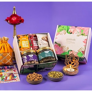 gladful 8 product diwali chocolate gift hamper - pink box with gur chana roasted moong date nut squares amp gift card - indian festival sweets amp snacks gift ideas