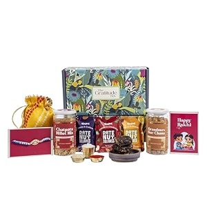 gladful 9-in-1 festive rakhi gift box  handmade rakhi millet mix gur chana 4 date nut squares cloth potli roli chawal amp card