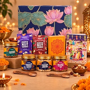gladful blue lotus diwali gift box  9 items  a festive mix of chocolate crunchy spread roasted cashews cocktail nut mix makhana cracker amp date nut square bites  premium diwali gift hamper