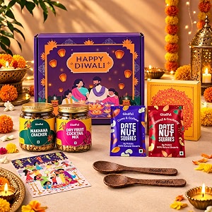 gladful diwali gift box  7 items  a festive assortment of makhana cracker cocktail nut mix amp date nut square bites  premium gift hamper with greeting card for family amp friends