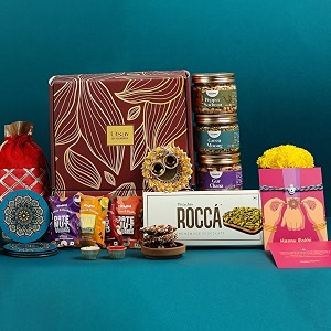 gladful rakhi gift for brother 13 item utsav rakhi gift box with 3 roasted snack 4 date nut square evil eye rakhi with roli chawal and costers pack rakhi hampers