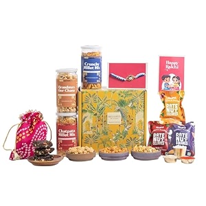 gladful festive rakhi box with 10 products millet snacks gur chana date nut squares rakhi roli chawal greeting card amp potli