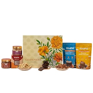 gladful genda phool nut amp pancake indulgence gift box hamper  assorted gourmet snacks with date nut squares for festive gifting