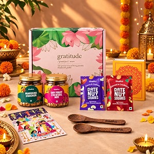 gladful gratitude pink diwali gift box  7 items  makhana cracker cocktail nut mix amp date nut square bites  festive gift hamper with greeting card