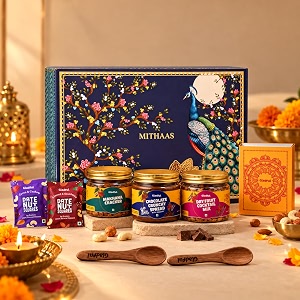 gladful mithaas diwali gift box  8 items  festive delights with chocolate crunchy spread cocktail nut mix makhana cracker amp date nut square bites  premium gift hamper