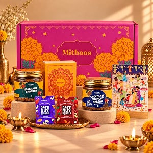 gladful pink mithaas diwali gift box  5 items  chocolate crunchy spread makhana cracker amp date nut square bites  diwali gift hamper with greeting card