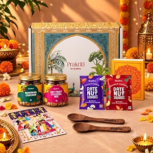 gladful prakriti diwali gift box  7 items  festive mix of makhana cracker cocktail nut mix amp date nut square bites  thoughtful gift hamper with greeting card for loved ones