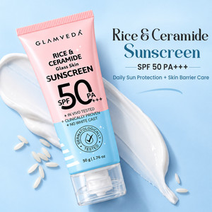 glamveda sunscreen - spf 50 pa rice  ceramide korean glass skin dewy sunscreen spf 50 no white cast dry skin