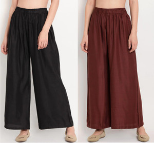 glansi pack of 2 women regular fit black brown polycotton trousers