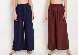 glansi pack of 2 women regular fit dark blue brown viscose rayon trousers