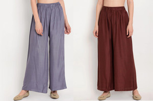 glansi pack of 2 women regular fit grey brown viscose rayon trousers