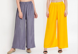glansi pack of 2 women regular fit yellow grey viscose rayon trousers