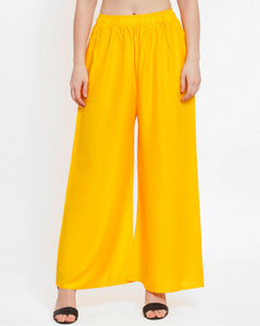 glansi women regular fit yellow viscose rayon trousers
