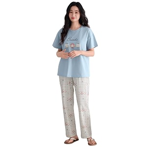 glasgo womens cotton pajama set with top amp pants korean night suit lightweight printed set  soft amp comfy sleepwear for girls amp women  lns-3-