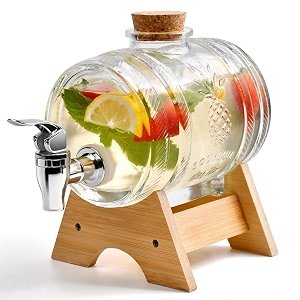 glass beverage dispenser with tap - 1l capacity sealed wooden lid wine barrel ideal for beverages juices and alcohol