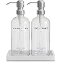 Glass Hand and Dish Soap Dispenser Set by Brighter Barns - Modern Kitchen Soap Dispensers with Stainless Steel Pump - Neutral Home Decor for Hotel, Restaurant, Vacation Rental, Gifts (Clear/Silver)