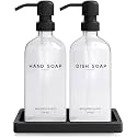 Glass Hand and Dish Soap Dispenser Set by Brighter Barns - Kitchen Soap Dispenser Set with Tray, Stainless Steel Pump - Glass Bottles for Sink - Black Kitchen Accessories for Home, Hotel, Gift (Clear)