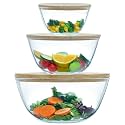 Glass Mixing Bowls with Bamboo Lids, 3 Packs Glass Bowls with Lids Set(4.7QT, 2.1QT, 0.8QT), Large Capacity Salad Bowls, Nesting Containers Microwave Safe Baking Bowls for Kitchen