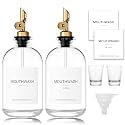 Glass Mouthwash Dispenser for Bathroom (2 Pack) - Mouthwash Container with 304 Stainless Steel Spout &amp; Minimalist Labels, Stylish Bottle for Bathroom Organization, 12.7 oz, Gold