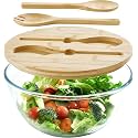 Glass Salad Bowl With Lid, 4.7 Quart Large Glass Mixing Bowls Serving Bowls With Bamboo Utensils, 10.7Inch Trifle Bowl for Salad, Pasta, Dessert Display Cake, Microwave Safe