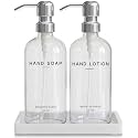 Glass Soap and Lotion Dispenser Set with Tray Set by Brighter Barns - Soap Dispenser Set with Stainless Steel Pump - Neutral Bathroom Decor for Vacation Rental, Guest Bathroom, Hotel (Clear/Silver)