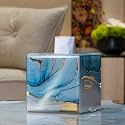 Glass Tissue Box Cover Square Bule Marble Pattern Decorative