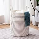 GLEAM Woven Rope Laundry Hamper Basket, Baby Nursery Hamper for Blanket Storage, Clothes Hamper for Laundry in Bedroom (Extra (100L) (18"x18"x24"), Stripe White)
