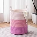 GLEAM Woven Rope Laundry Hamper Basket, Baby Nursery Hamper for Blanket Storage, Clothes Hamper for Laundry in Bedroom (Small (41L) (14"x14"x16"), Pink)