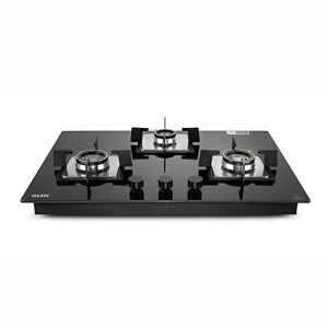glen 3 burner built-in gas hob  auto ignition  8 mm toughened glass  forged brass double ring burners  black bh1073sqhtdb70