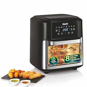 glen digital air fryer oven 12 litre 2000w  with rotisserie  8 presets digital display amp controls  all in one airfryer oven - bake roast toast dehydrate with less oil  includes 8 accessories