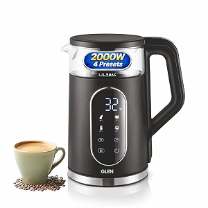 glen electric kettle 15 litre 2000w digital glass kettle  digital display with touch controls with 4 presets - baby milk honey green tea coffee  auto shutoff  360 degree base 