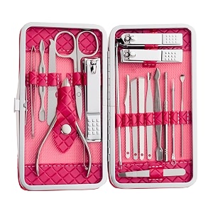 gleva 18 pieces stainless steel manicure kit nail cutter set manicure pedicure kit manicure set personal care nail clipper kit nail kit nail tools with leather travel case for men amp women dark pink