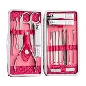 Gleva 18 Pieces Stainless Steel Manicure Kit, Nail Cutter Set, Manicure Pedicure Kit, Manicure Set, Personal Care Nail Clipper Kit, Nail Kit, Nail Tools with Leather Travel Case For Men & Women (Dark Pink)