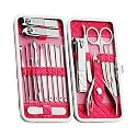 Gleva 18 Pieces Stainless Steel Manicure Kit, Nail Cutter Set, Manicure Pedicure Kit, Manicure Set, Personal Care Nail Clipper Kit, Nail Kit, Nail Tools with Leather Travel Case For Men &amp; Women (Dark Pink)