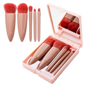 gleva 5-in-1 mini mirror makeup brush set - compact and travel brush set essential brushes for face and eyes - premium synthetic bristles perfect for on-the-go application 