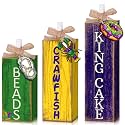 GlikCeil 3 Pcs Mardi Gras Table Decor Carnival Table Centerpiece Decorations Square Wood Mardi Gras Block Sign with Wooden Plaque and Bows for Home Carnival Party Desk Kitchen Decor