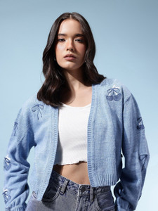 Glitchez Embroidered Casual Women Blue Sweater
