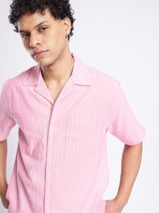 Glitchez Men Striped Casual Pink Shirt