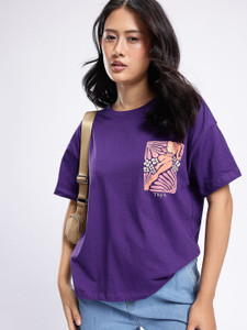 Glitchez Printed Women Round Neck Purple T-Shirt