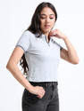 Glitchez Solid Women Polo Neck Grey T-Shirt