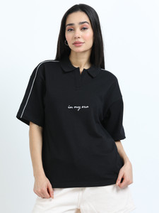 Glitchez Typography Women Polo Neck Black T-Shirt